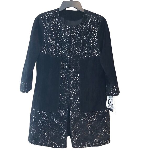 Carlos Falchi M NWT Heavy Black Textured Designer Leather Suede Punchout Coat - Picture 1 of 9